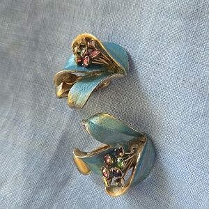 Elegant Blue and Gold Floral Clip On Earrings